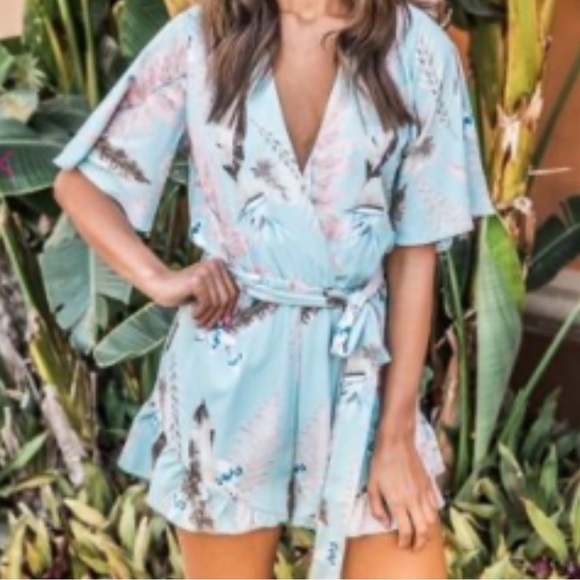 Pink Lily Blue Blush Pink and Blue Floral Romper with Wrap Top - Picture 2 of 9